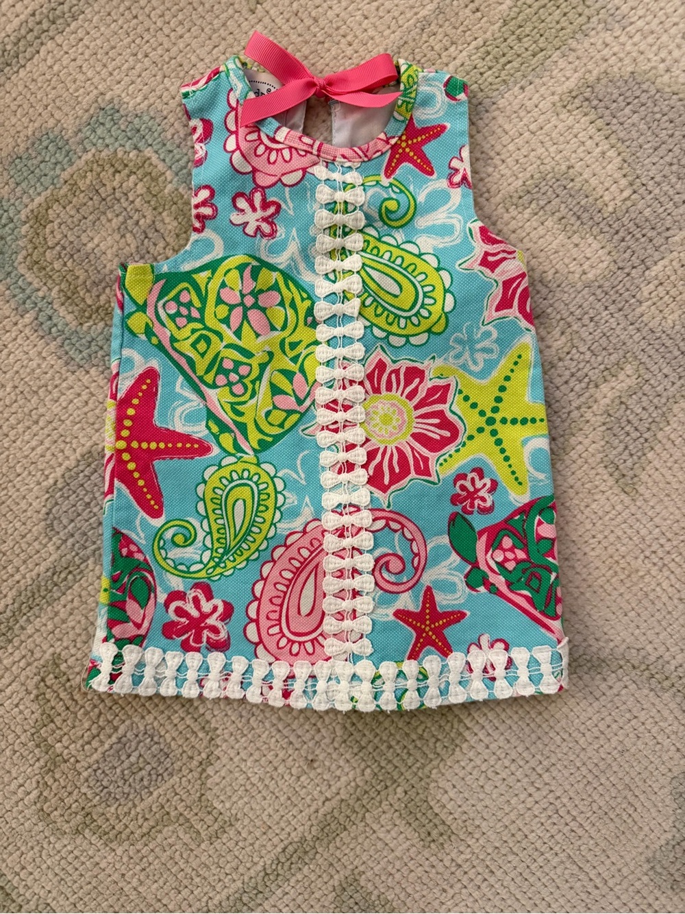 Baby Girl Mudpie Aqua Paisley & Starfish Sleeveless Dress with Pink Bow Tie Back